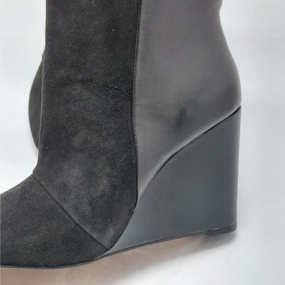 1.STATE Womens Wedge Boots Size 5.5 Black Leather Suede Pointed Toe Knee High - Picture 5 of 11